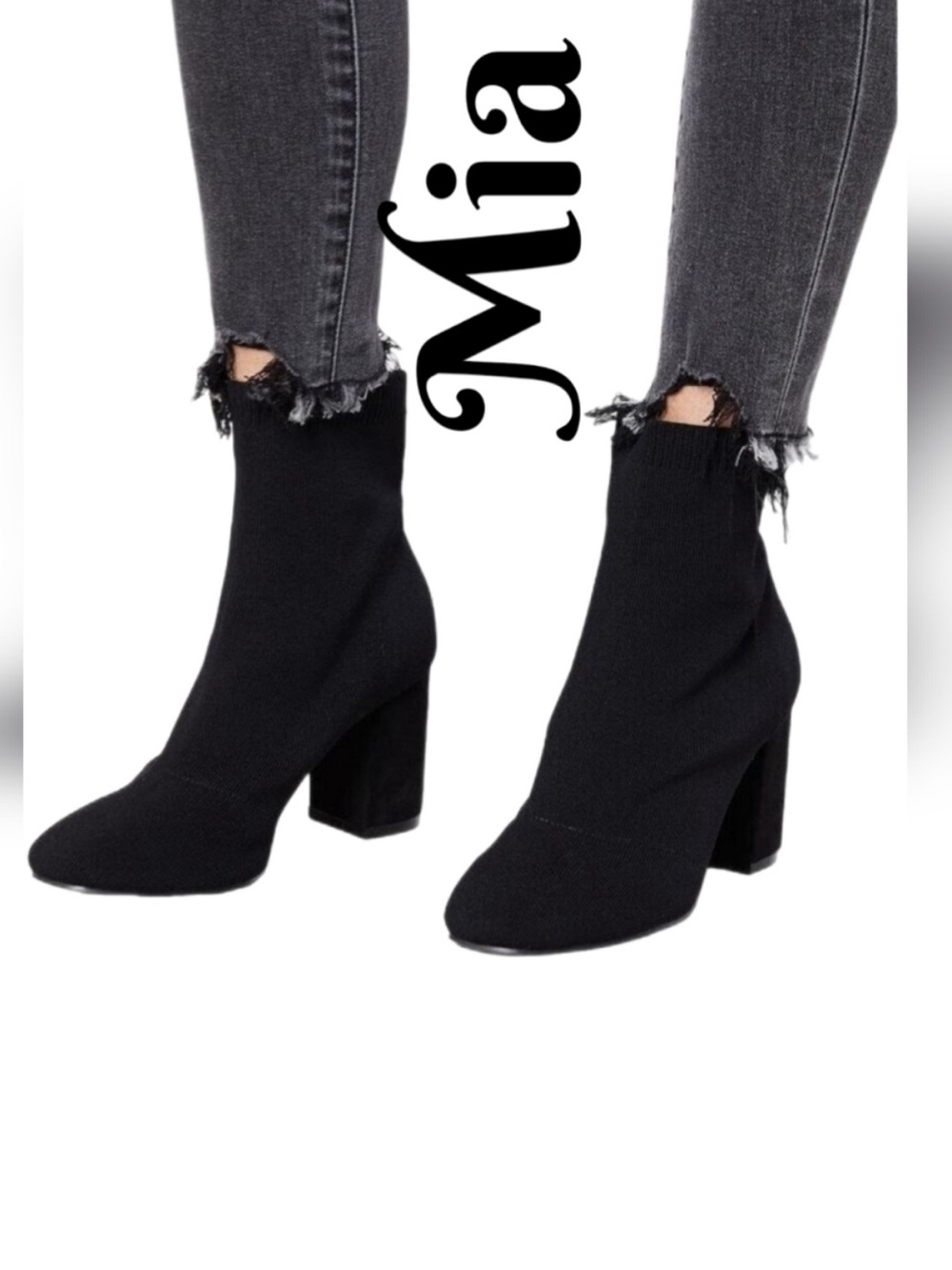 Mia Erica Women's Boots Sz 8.5M Black Knit Faux Suede High Heels Stretch Comfort